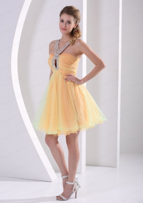 2015 Cute Beaded Decorate Straps A Line Prom Dress with Halter