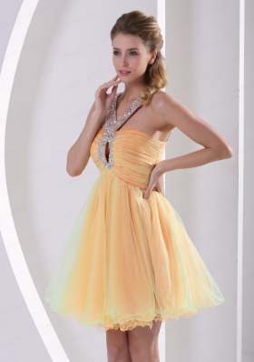 2015 Cute Beaded Decorate Straps A Line Prom Dress with Halter