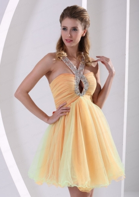 2015 Cute Beaded Decorate Straps A Line Prom Dress with Halter