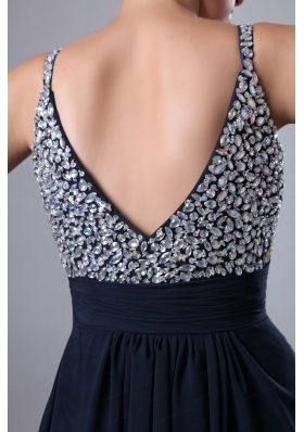 2015 Navy Blue Straps Chiffon Beading Prom Dress with Sweetheart