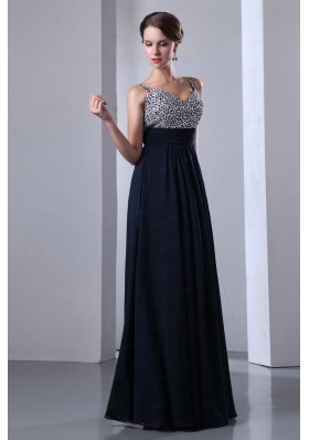 2015 Navy Blue Straps Chiffon Beading Prom Dress with Sweetheart