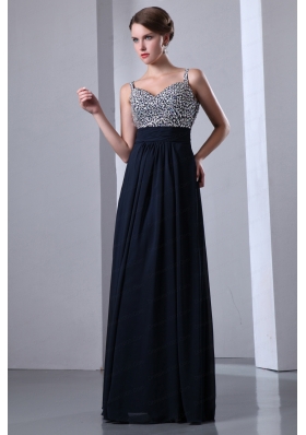 2015 Navy Blue Straps Chiffon Beading Prom Dress with Sweetheart