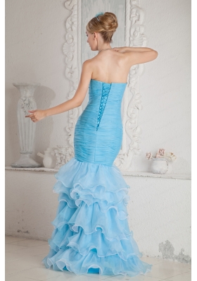 2015 Sky Blue Mermaid High Low Prom Dress with Ruffles and Beading