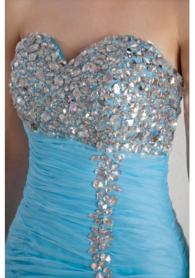 2015 Sky Blue Mermaid High Low Prom Dress with Ruffles and Beading