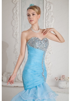 2015 Sky Blue Mermaid High Low Prom Dress with Ruffles and Beading