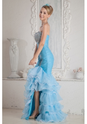 2015 Sky Blue Mermaid High Low Prom Dress with Ruffles and Beading