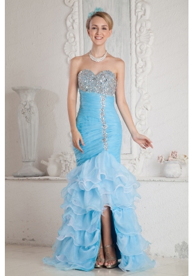 2015 Sky Blue Mermaid High Low Prom Dress with Ruffles and Beading