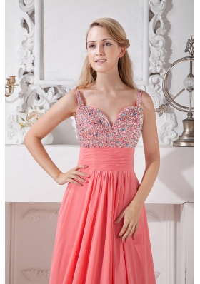 2015 Spaghetti Straps Chiffon Brush Train Prom Dress in Watermelon Red