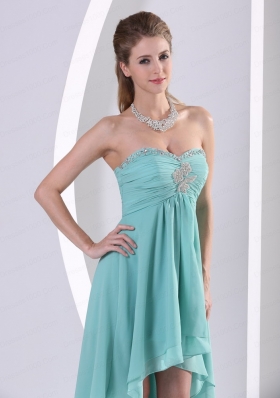 Custom Made High Low Prom Dress Turquoise Beading and Ruching  for 2015
