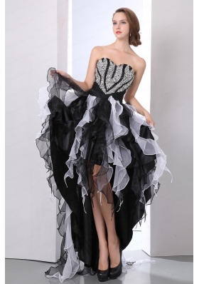 High Low Beading Ruffles A-line Sweetheart Prom Dress High Low Beading in White and Black  for 2015