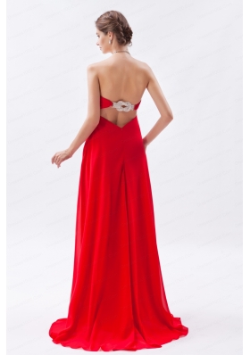 Red Empire Strapless Chiffon Beading 2015 Prom Dress with Brush Train