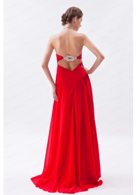 Red Empire Strapless Chiffon Beading 2015 Prom Dress with Brush Train