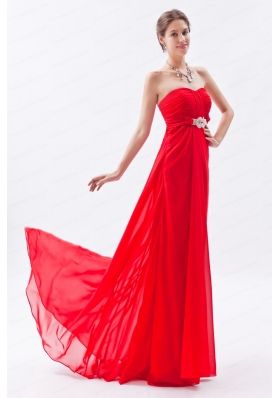 Red Empire Strapless Chiffon Beading 2015 Prom Dress with Brush Train