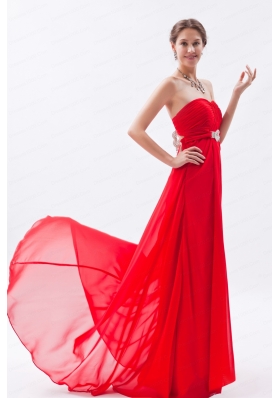 Red Empire Strapless Chiffon Beading 2015 Prom Dress with Brush Train