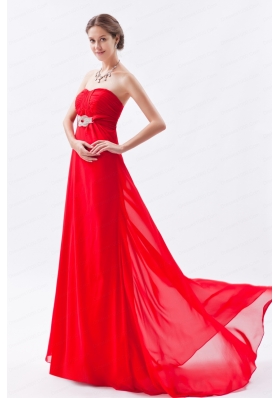 Red Empire Strapless Chiffon Beading 2015 Prom Dress with Brush Train