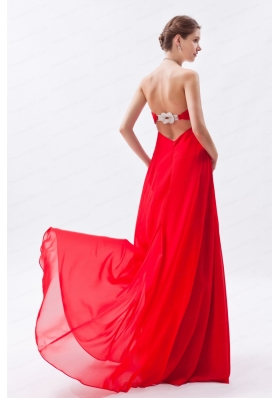 Red Empire Strapless Chiffon Beading 2015 Prom Dress with Brush Train