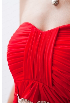 Red Empire Strapless Chiffon Beading 2015 Prom Dress with Brush Train