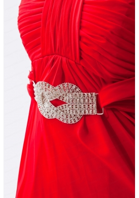 Red Empire Strapless Chiffon Beading 2015 Prom Dress with Brush Train