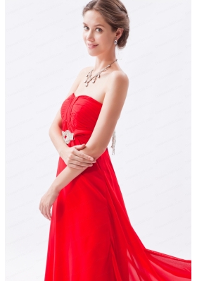 Red Empire Strapless Chiffon Beading 2015 Prom Dress with Brush Train