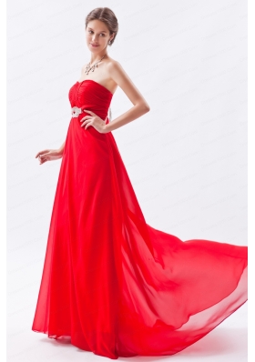 Red Empire Strapless Chiffon Beading 2015 Prom Dress with Brush Train