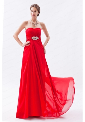 Red Empire Strapless Chiffon Beading 2015 Prom Dress with Brush Train