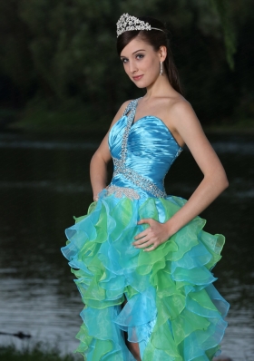 Ruffled High-low Multi-color One Shoulder Sweetheart Beaded Prom Dress