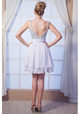 White Empire Straps Mini Length Chiffon Beading Homecoming Dress