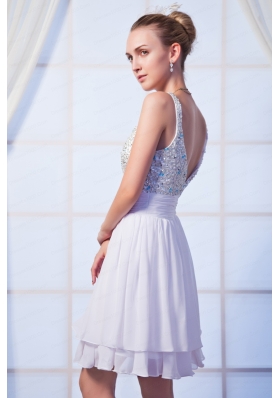 White Empire Straps Mini Length Chiffon Beading Homecoming Dress