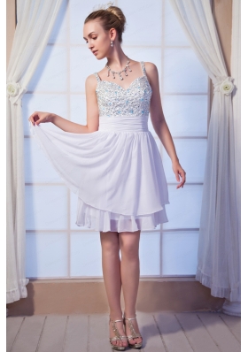 White Empire Straps Mini Length Chiffon Beading Homecoming Dress