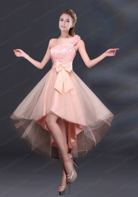 2015 Bowknot High Low Lace Up Prom Dress with One Shoulder