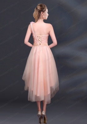 2015 Bowknot High Low Lace Up Prom Dress with One Shoulder