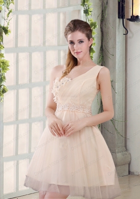 2015 Champagne One Shoulder A Line Appliques Prom Dress