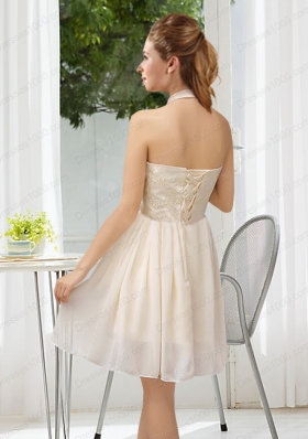 Halter Appliques Lace Up Prom Dress in Champagne