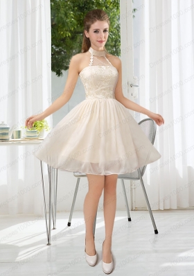 Halter Appliques Lace Up Prom Dress in Champagne