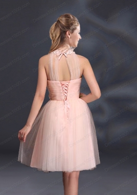 Halter Hand Made Flowers Prom Dresses with Mini Length