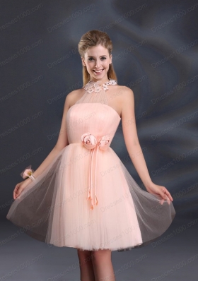 Halter Hand Made Flowers Prom Dresses with Mini Length