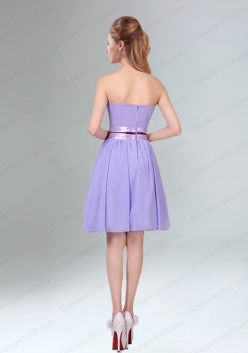 Decent Lavender Ruched Mini Length Prom Dress with Bowknot Sash