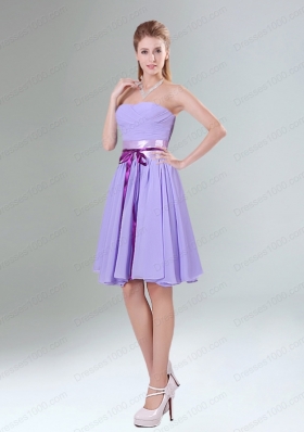 Decent Lavender Ruched Mini Length Prom Dress with Bowknot Sash