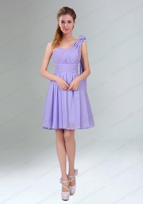 Gorgeous Mini Length Lavender Prom Dress with Ruching and Handmade Flower