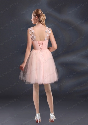 Straps Appliques Prom Dresses in Baby Pink