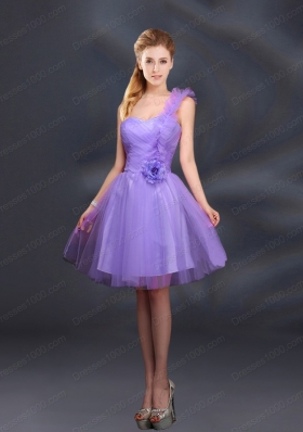 2015 Lilac Hand Made Flowers A Line One Shoulder Prom Dresses