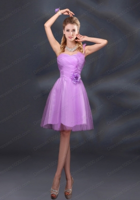 2015 Lilac Hand Made Flowers A Line One Shoulder Prom Dresses