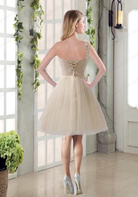 Champagne Ruched Handmade Flowers One Shoulder 2015 Prom Dresses