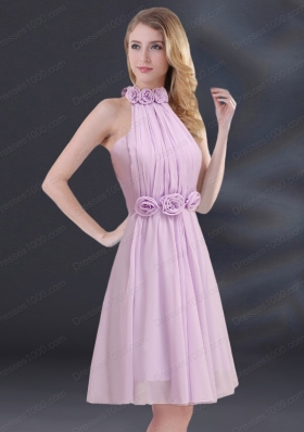 Halter A Line Prom Dress with Ruhing and Hand Made Flowers