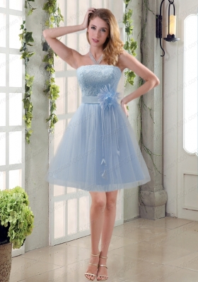 Handmade Flower Strapless Lace Prom Dress with Mini Length