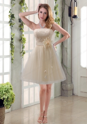 Handmade Flower Strapless Lace Prom Dress with Mini Length