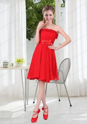 Wonderful Ruching Strapless Bowknot Prom Dress in Red