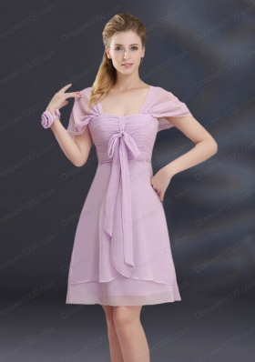 A Line Square Ruhing Prom Dress with Cap Sleeves