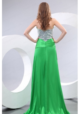 Sexy Sweetheart Spring Green Elastic Woven Satin Brush Train Beading and Paillette Prom Dress with Column