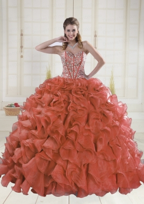 2015 Sweetheart Brush Train Red Quinceanera Dresses